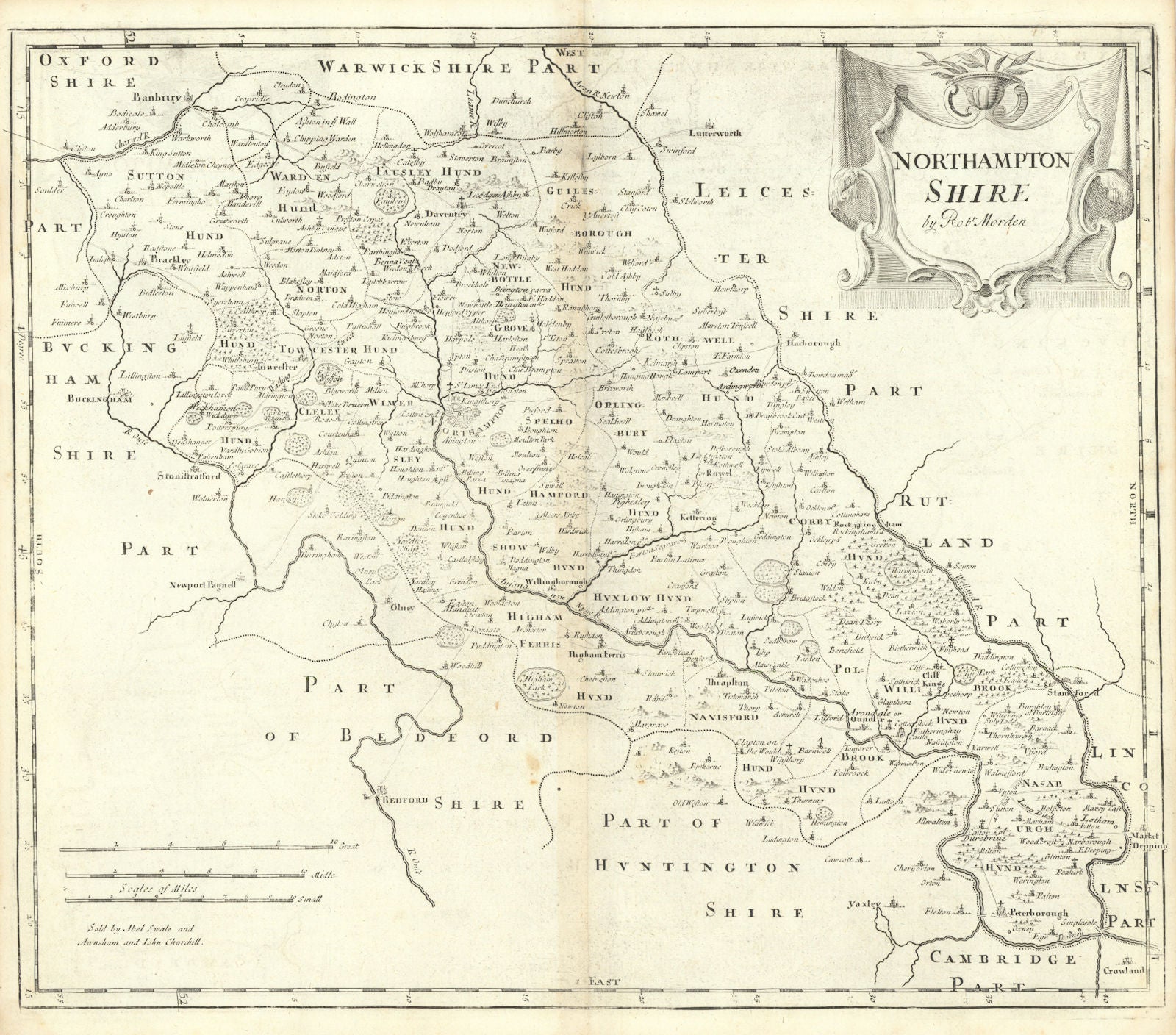 NORTHAMPTONSHIRE by ROBERT MORDEN from Camden's Britannia 1722 old antique map
